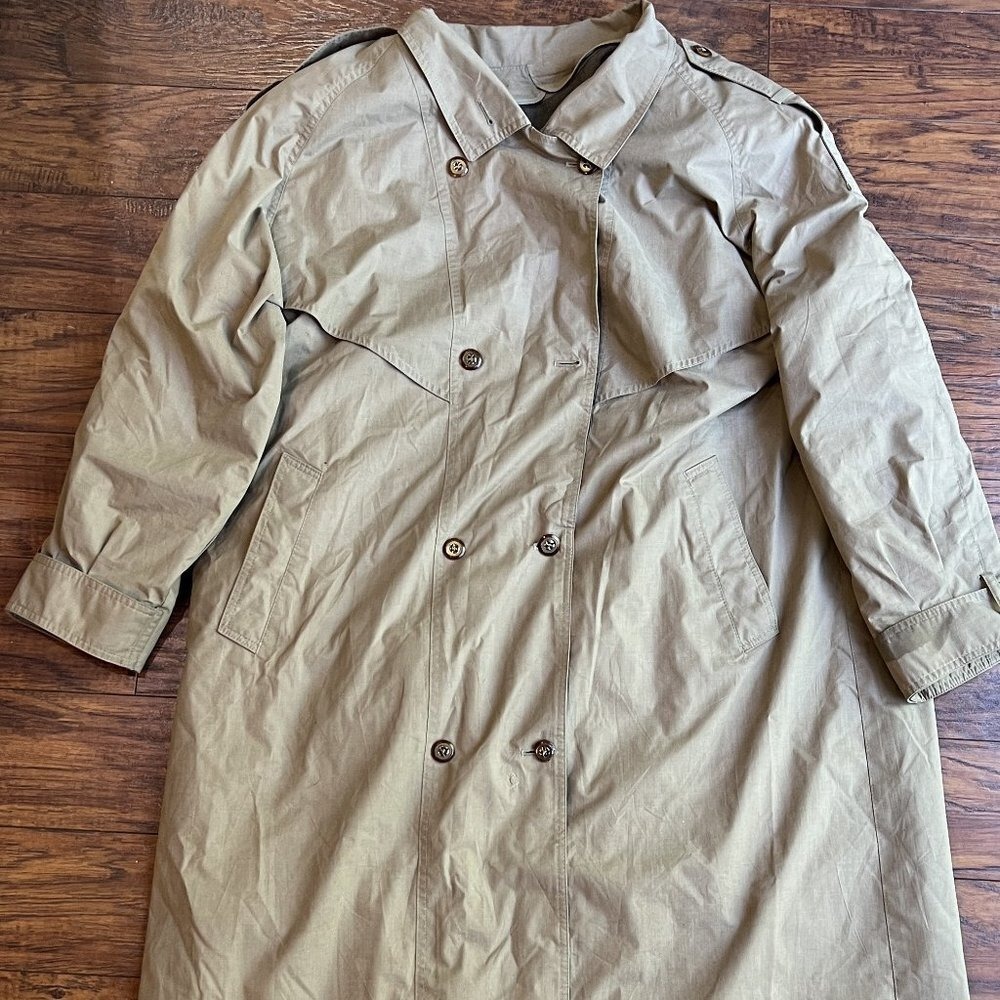 London Fog Trench Coat Womens Sz 14 Tempo Europa Regular Khaki Zip Out Liner USA